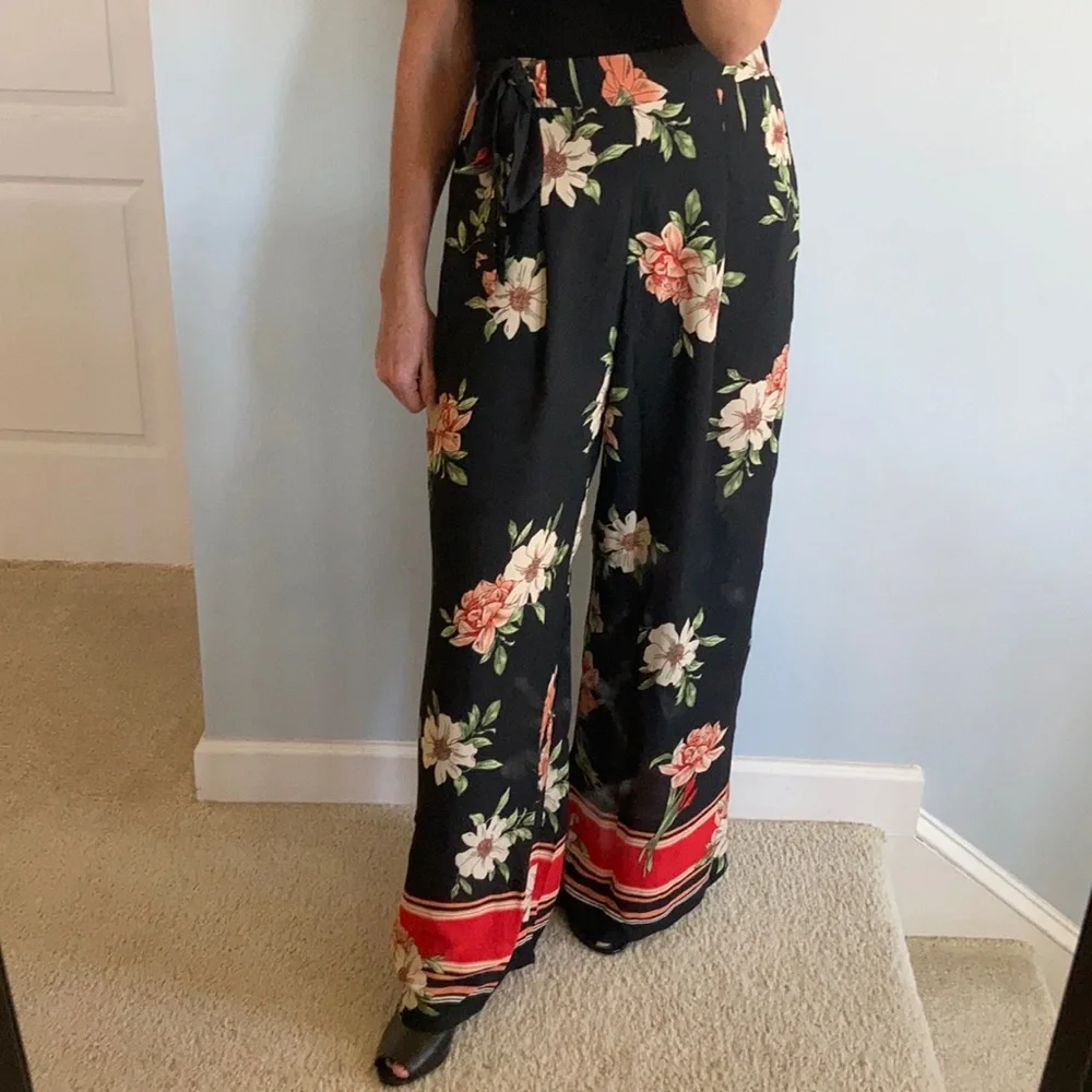 Black Floral Palazzo Wide Leg Pants - Picture 2 of 7